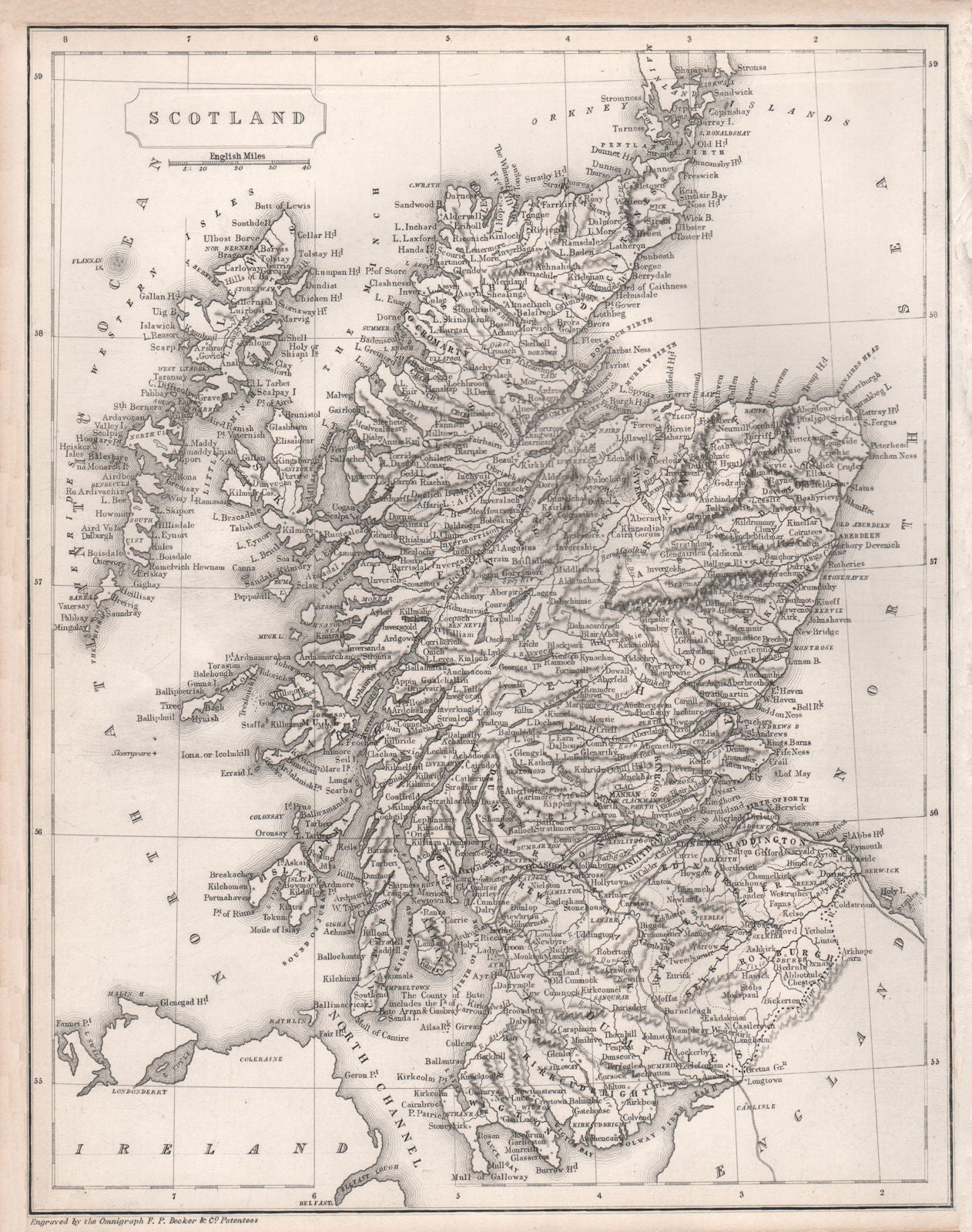 Scotland showing railways & counties by F.P. BECKER c1840 old antique map